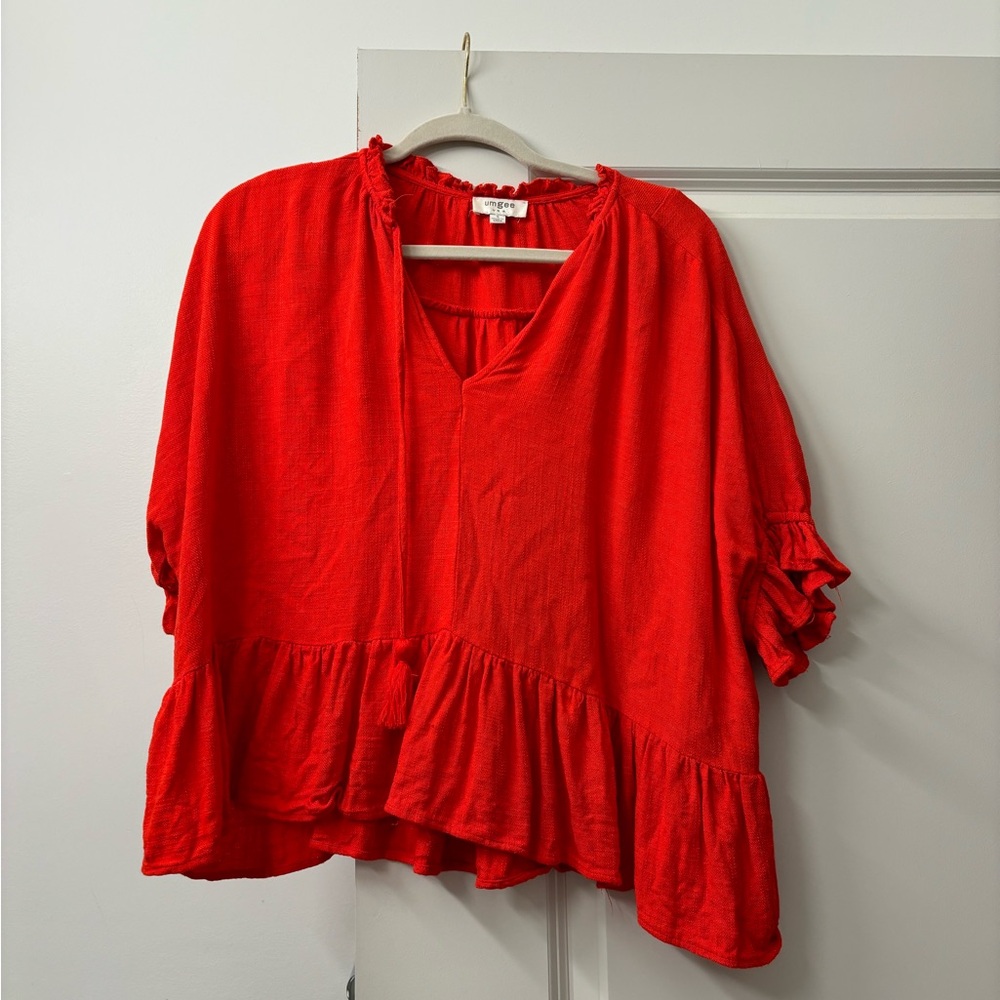 Umgee Red Ruffled Blouse with V-Neck and Flutter Sleeves